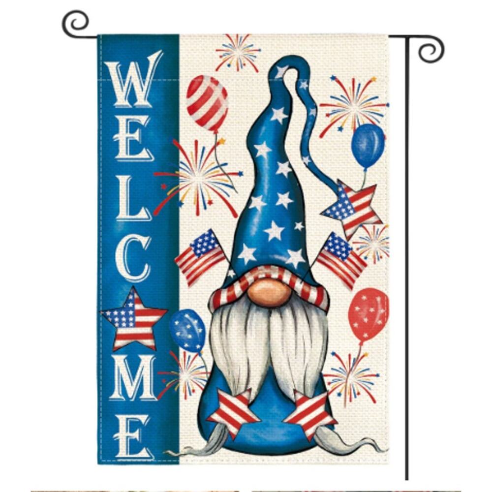 Patriotic Gnome Welcome Summer Memorial Decorative Garden Flag 12.5-in x 18-in